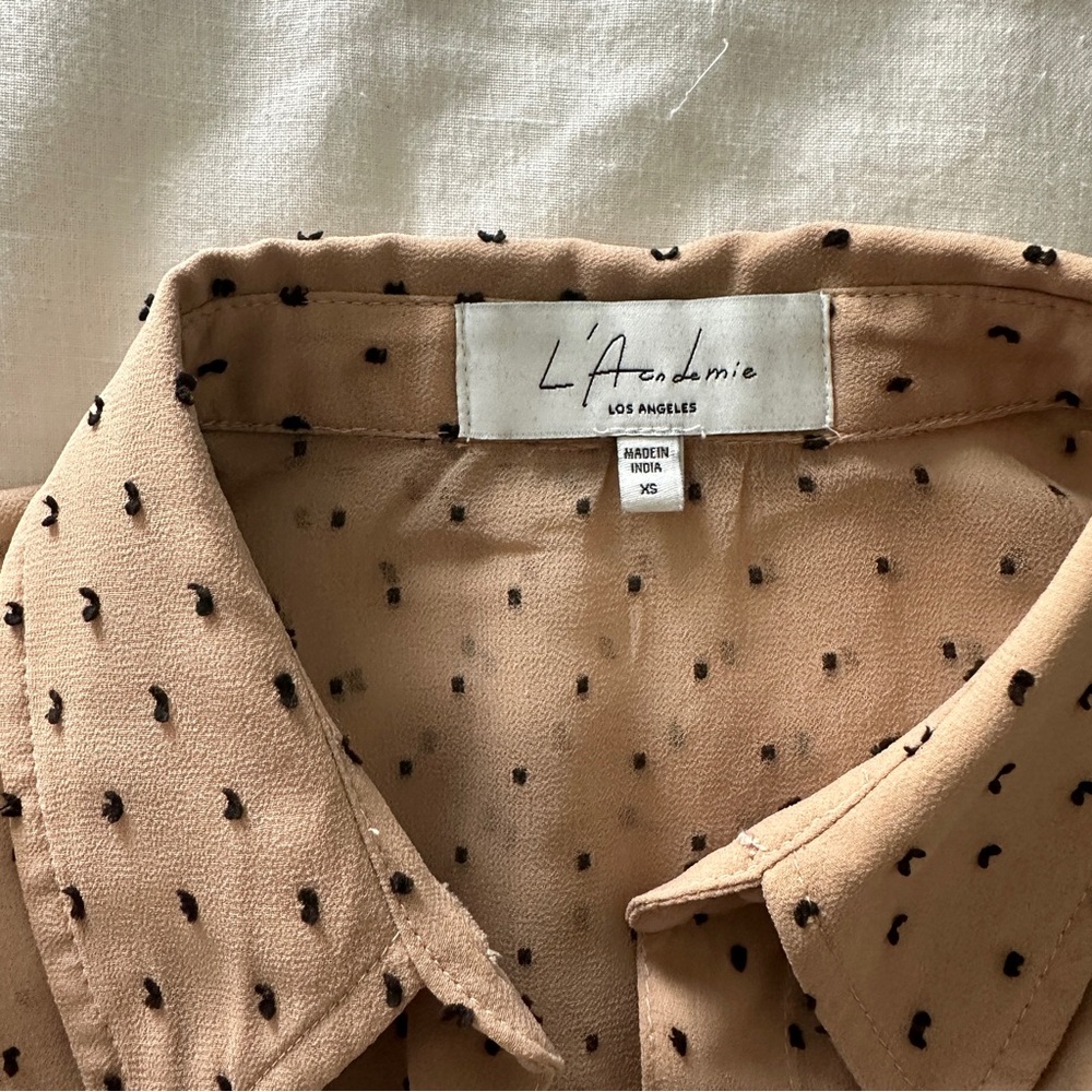 Tan Button-Up Blouse with Black Dots - Picture 5 of 6